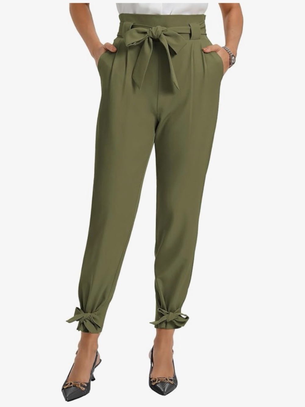 High-Waist Tie ankle Army Green Trousers.